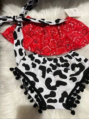 Kids Red Bandana Top & Black Cow-Spot Bottoms Matching Set